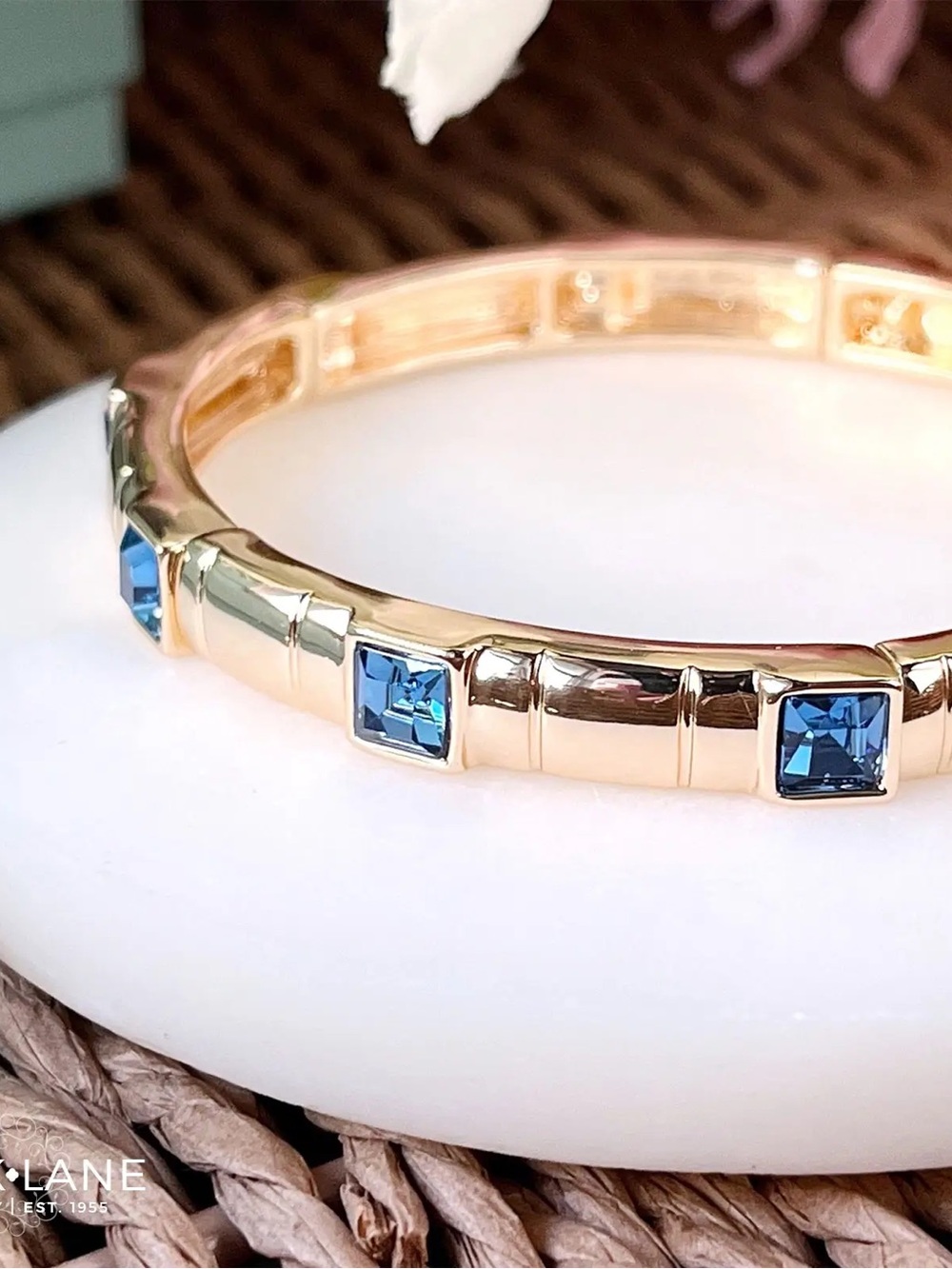Park Lane JUNIPER Gold Bangle Bracelet, Blue Crystal Stones, Stretch 2 1/4”, NWT